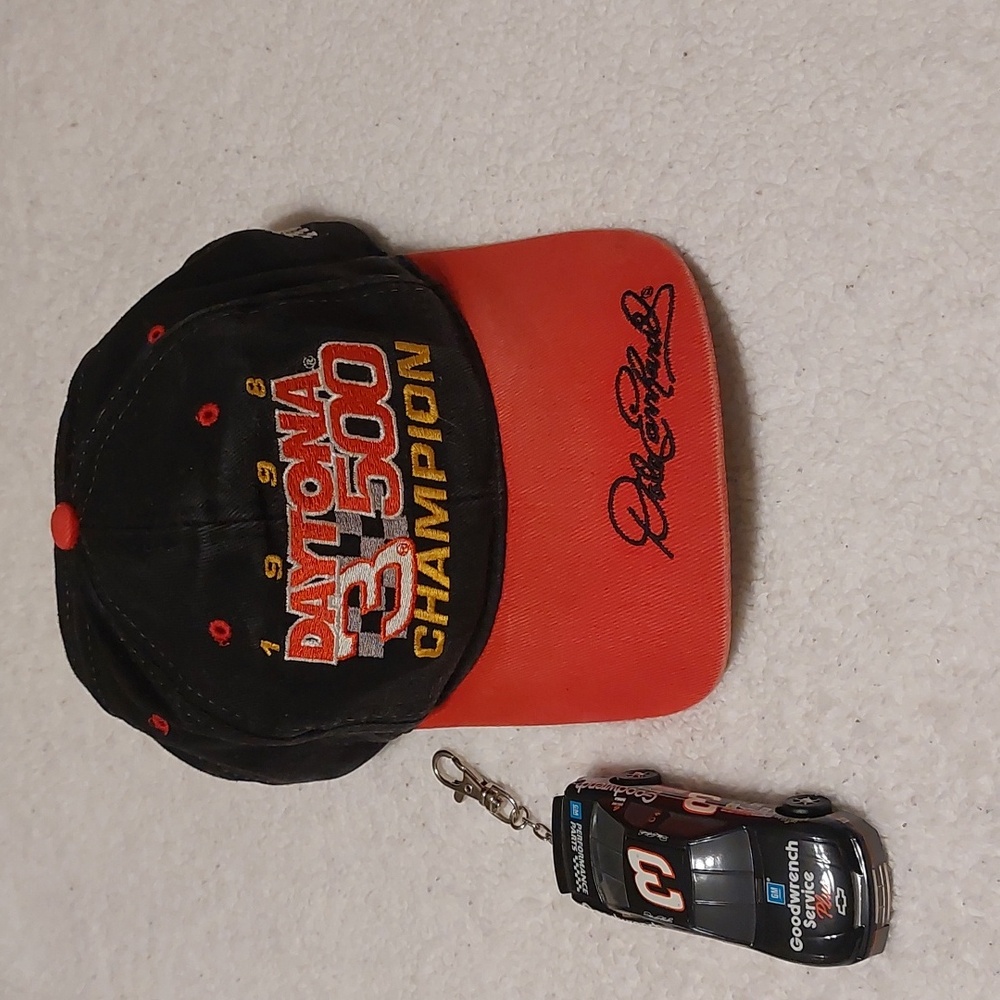Vintage Dale Earnhardt cap and replica #3 car key chain that lights up.